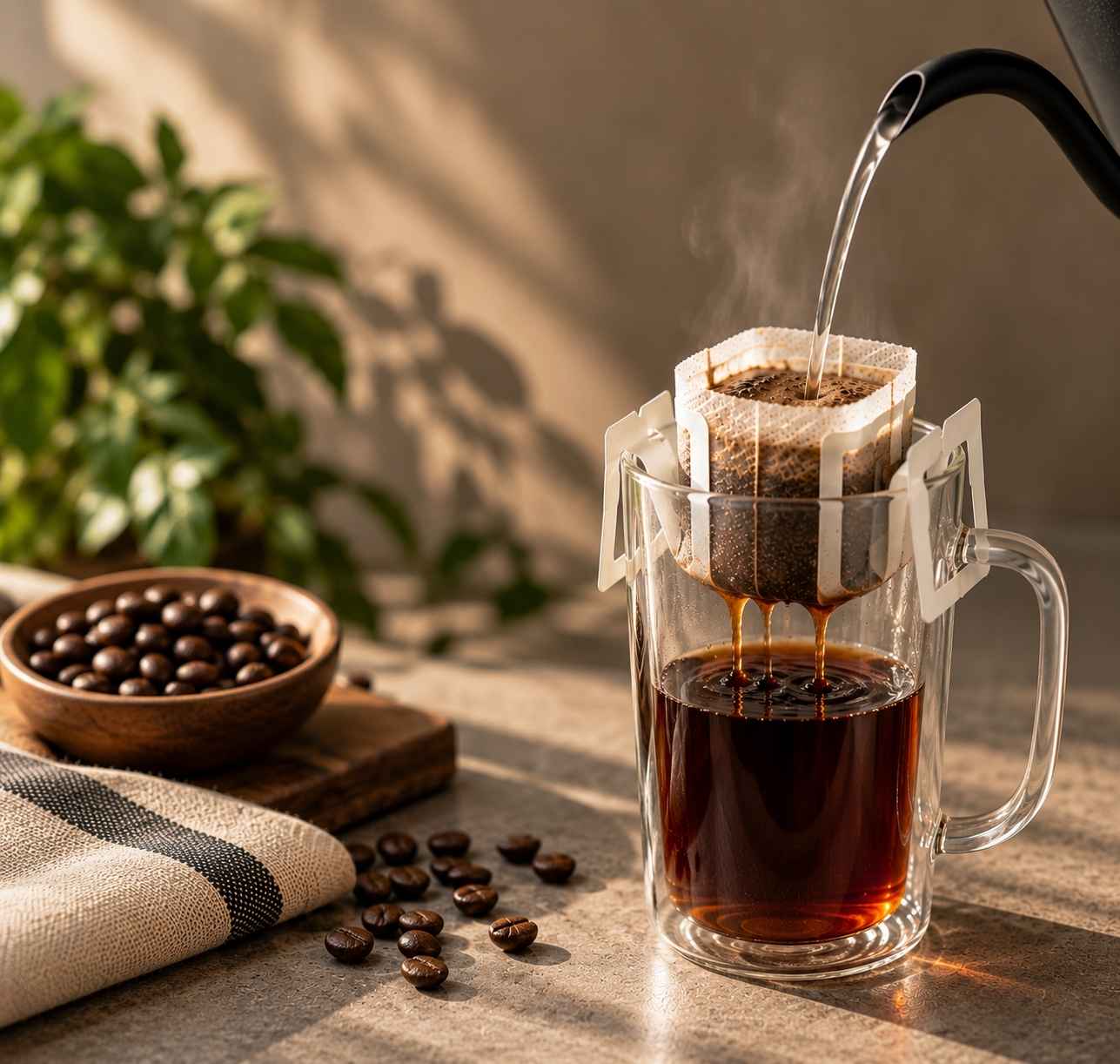 Drip bag coffee brewing into a glass cup at Soulmate Coffee Hong Kong